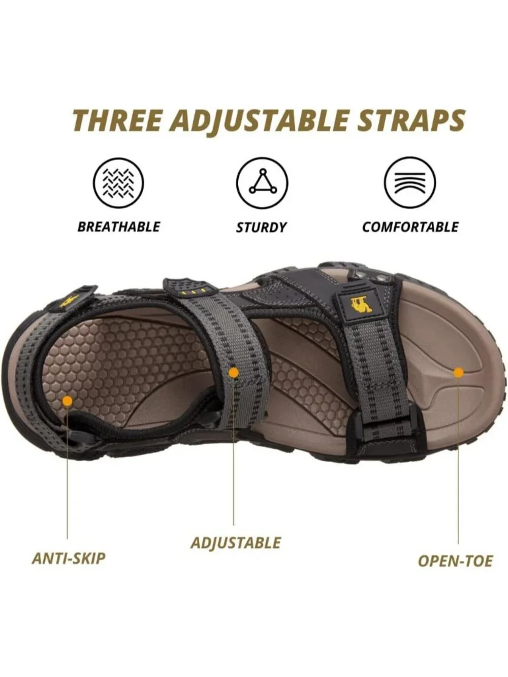 Men's Black And Grey Comfort Leather Athletic Arch Support Hiking Sandal Shoes
